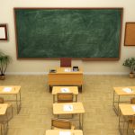 Empty school classroom with blackboard for training. 3D rendering.